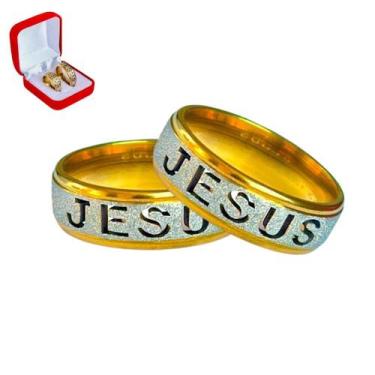 Imagem de Par Alianças Jesus Banhada Ouro 18k 6mm Anel Religião Tradicional Anat