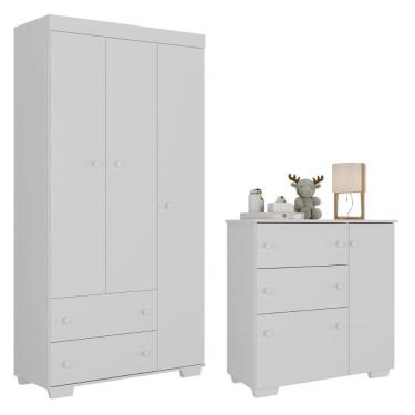 Imagem de Guarda-roupas 3 Portas 2 Gavetas Com Cômoda 1 Porta 3 Gavetas Algodão Doce Multimóveis Mp4251 Branco