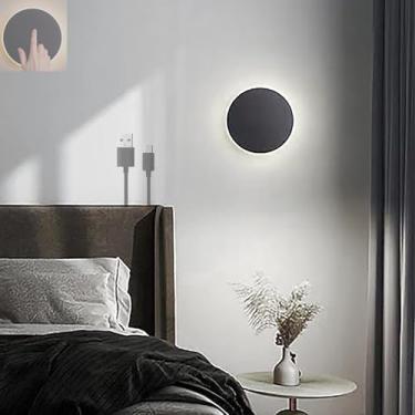 Imagem de Luminária de parede LED com interruptor de toque USB recarregável, luz de parede operada por bateria, luz de leitura redonda, metal, moderna, sem fio, arandela para quarto, sala de estar, va