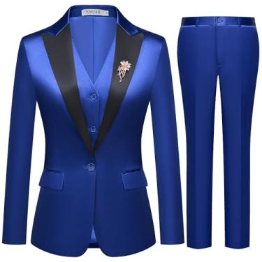 Imagem de Kelyaa Conjunto feminino de 3 peças de cetim preto com lapela e lapela casual para festa de casamento, blazer e calça, Azul, XGG