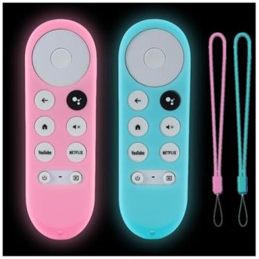 Imagem de Pacote com 2 capas para controle remoto Gavyqier compatível com Chromecast 2020 com controle remoto de voz Google TV que brilha no escuro, rosa e azul celeste brilhante
