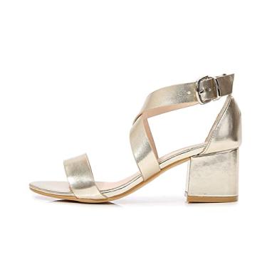 Imagem de Sapatos femininos sandálias de tira cruzada salto quadrado prata ouro sapatos verão clássico sandálias de couro para mulheres(Gold,39EU)