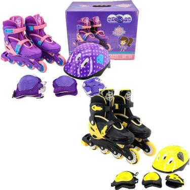 Imagem de Kit 2 Patins Infantil Inline c/ 2 Kit Proteção Preto e Roxo Unitoys