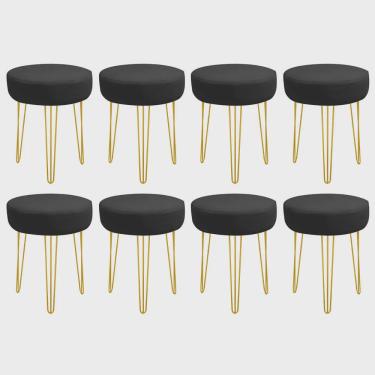 Imagem de Kit 08 Banquetas Puff Jullia Luxo 55cm Industrial Ferro Dourado Corino Preto - Ahazzo Móveis