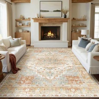 Imagem de Kokia Tapetes laváveis para sala de estar, boho, antiderrapante, fino, resistente a manchas, vintage, laranja, estampado, oriental, desgastado, tapete para quarto