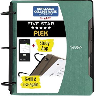 Imagem de Five Star Caderno flexível recarregável + aplicativo de estudo, papel pautado para faculdade e fichário TechLock de 3,5 cm com bolsos, abas e divisórias, capacidade para 300 folhas, verde (29324AQ8)