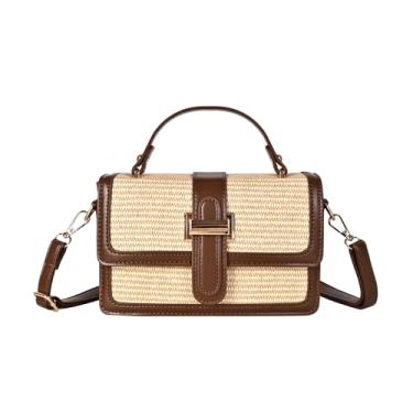 Imagem de OWGSEE Bolsas transversais de palha para mulheres, bolsa clutch de palha de verão, bolsa de praia de tecido para férias, Café B