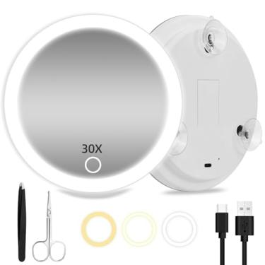 Imagem de Hmggoofa Espelho De Aumento 30X Com Luzes, Maquiagem Grande 6 Polegadas, Luzes Viagem Altas Iluminadas 30X, Led Portátil Ampliado 3 Ventosas