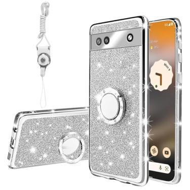 Imagem de Capa para celular Google Pixel 6a, capa feminina Google Pixel 6a com cristal com glitter, macio, elegante, transparente, TPU luxuoso, capa protetora fofa com alça de suporte para Google Pixel 6a (glitter prata)