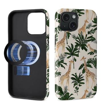 Imagem de Capa para iPhone 15 Plus [compatível com MagSafe], silicone macio brilhante + capa protetora 2 em 1 de policarbonato rígido antiarranhões à prova de choque para mulheres e homens - folhas de girafa