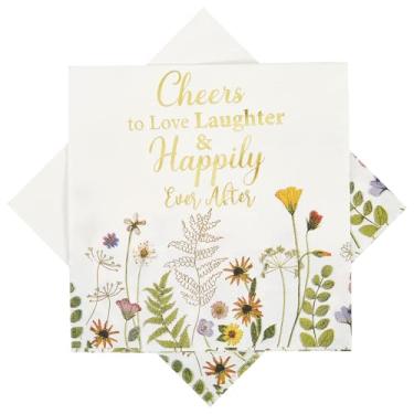 Imagem de Ottin Guardanapos de papel de casamento florais brancos - folha dourada Cheers to Love Laughter & Happily Ever After Guardanapos descartáveis de coquetel de 12 cm 50 unidades para casamentos e