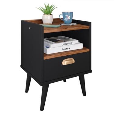 Imagem de Mesa de Cabeceira Nicho Mesinha Quarto 1 Gaveta Puxador Concha Lauren Estilo Retrô - Preto/Freijó - Lojas RPM
