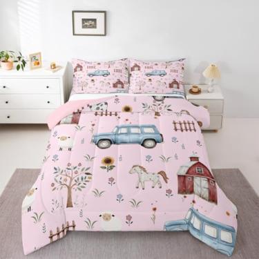 Imagem de Erosebridal Conjunto de edredom infantil com desenho de trator de fazenda, para meninos e meninas, rústica, porta de celeiro, cavalo de fazenda, ovelha, vaca, animal, girassol, floral, rosa, rosa