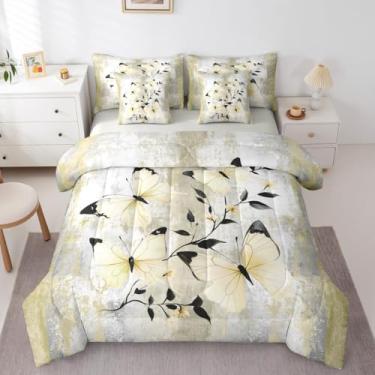 Imagem de Erosebridal Conjunto de edredom solteiro de borboleta amarela com lençol de 7 peças, pintura a óleo abstrata, animais selvagens, rústico, casa de fazenda em um saco, ombré, amarelo, cinza, branco