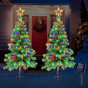 Imagem de ReyeeInc Luzes solares para árvores de Natal ao ar livre, estaca para árvores de Natal movidas a energia solar, à prova d'água, 9 m, com 100 LEDs e 8 modos para decoração de jardim, túmulos
