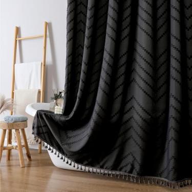 Imagem de OWENIE Cortina de chuveiro boho preta extralonga, chique tufado chevron listrado tecido texturizado cortinas de chuveiro com borla para banheiro, estilo hotel macio, casa de fazenda, lavável na