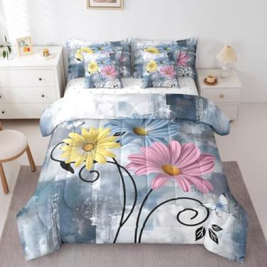 Imagem de Conjunto de edredom rústico de flores rústicas, campo, floral, campo, 7 peças, para margaridas azuis e borboleta, em um saco, de madeira, azul-petróleo, turquesa, rosa, amarelo e cinza, king