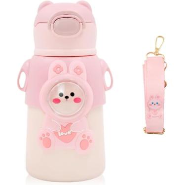 Imagem de Garrafa Térmica Infantil 520ml com Alça e Bico Retrátil – Estampa de Bichinhos, Aço Inox, Vedação Antivazamento, Ideal para Escola, Passeios e Lancheira (Rosa)