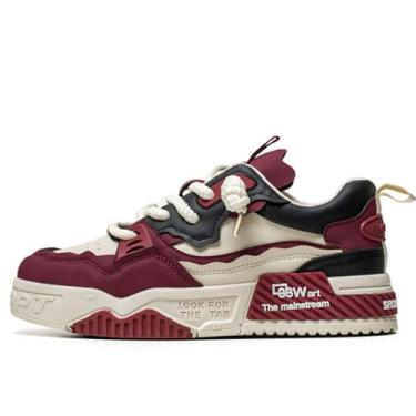 Imagem de MACEFIL Tênis masculino moderno com plataforma de 8 cm Color Block Grosso Casual Atlético Antiderrapante Tênis Masculino, Branco e vermelho, 39