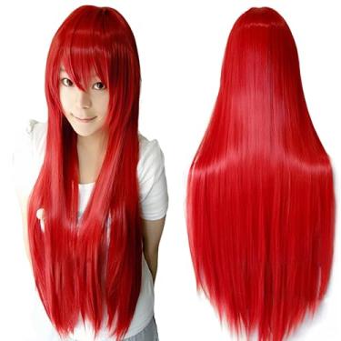 Imagem de IMISSU Perucas de cosplay de cabelo natural longo e reto com franja colorida fantasia de Halloween peruca de festa para menina (Vermelho)