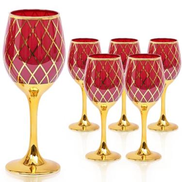 Imagem de CretFine Conjunto de 6 taças de vinho vermelhas e douradas, taças decorativas coloridas e bordadas, para presentes, casamento, ação de graças, aniversário, taças de Natal, 340 g