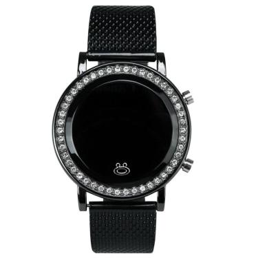 Imagem de Relógio Feminino Digital Aço Preto Strass Pulseira Silicon