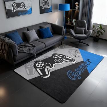 Imagem de jejeloiu Tapete Gamer 12 x 17 cm Tapetes de jogos para sala de estar quarto decoração de sala de jogos gamepad tapete azul e preto
