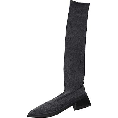 Imagem de Botas femininas de bico fino, salto grosso, altura da coxa, acima do joelho, botas de camurça elástica sexy na altura do joelho, Cinza, 6.5