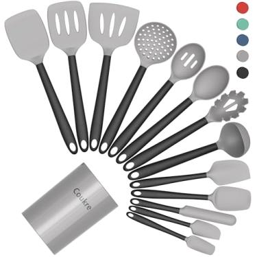 Imagem de Coukre Conjunto de utensílios de cozinha de silicone de 14 peças com suporte – resistente ao calor, utensílios de cozinha de grau alimentício, espátula, colher e utensílios para panelas antiaderentes