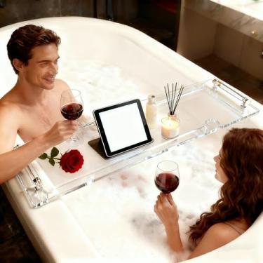 Imagem de Bandeja de banheira de acrílico antiderrapante premium | Suporte universal de spa para tablets, livros e vinho | Serve na maioria das banheiras padrão, suporte essencial de banho de 86 cm