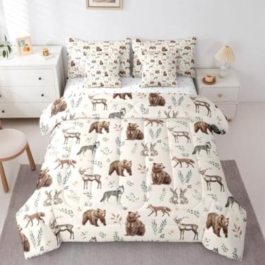 Imagem de Erosebridal Jogo de cama casal com tema de caça de urso, veado, animais da floresta, 7 peças, para quarto de crianças, desenho animado, coelho, lobo, raposa, vida selvagem, lençol rústico
