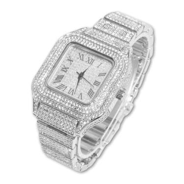 Imagem de Halukakah Diamonds Gold Watch Iced Out, pulseira masculina de quartzo banhado a ouro real 18 quilates, mostrador quadrado de 24 cm, com opções de conjunto de pulseira de colar de corrente de tênis