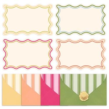 Imagem de Whaline 60 peças de notas planas em branco com envelopes, conjunto de artigos de papelaria com borda ondulada de 4 cores, cartões de notas não dobráveis para chá de bebê, aniversário, convite de