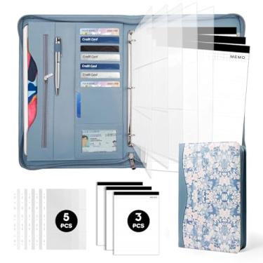 Imagem de Sbrinnaliao Padfolio Portfolio Pasta fichário-organizador caderno com zíper para mulheres e homens com capa para documentos, prancheta tamanho carta/A4, porta-cartões de visita (flor azul)