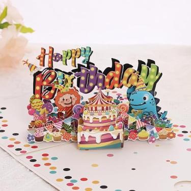 Imagem de Cartão de felicitações de aniversário de circo pop-up 3D vibrante com letras coloridas "Happy Birthday" com bolo de palhaço e dinossauro requintado papel artesanato cartão de felicitações para festa