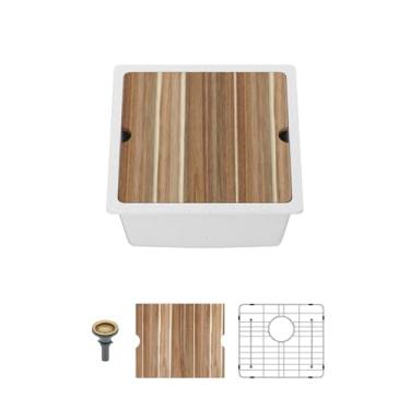 Imagem de Mocoloo Pia de barra composta de granito de 45,7 cm - Estação de trabalho de borda subterrânea branca 45,7 x 45,7 cm, quartzo branco fosco para preparação de pia de cozinha