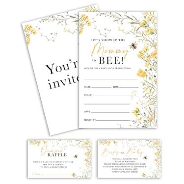 Imagem de FTRZX Cartões de convite para chá de bebê Bee Wildflowers, conjunto de 25 cartões de sorteio de fraldas, cartões de livro e envelopes de bebê, convites de festa de revelação de gênero para meninos e