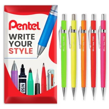 Imagem de Pentel P205-FX Mechanical Automatic Pencil - Fluorescent Range - 0.5mm HB - Pack of 5 Pencils in Pillow Packaging - Green, Yellow, Orange, Red, Pink