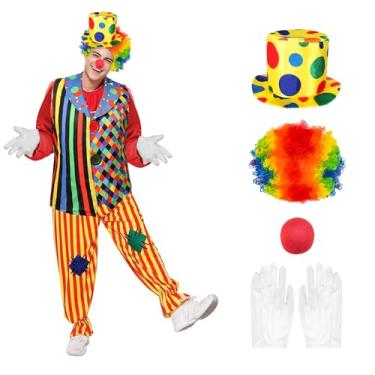 Imagem de PANMAY Conjunto de fantasia de palhaço colete de palhaço de circo chapéu de nariz vermelho peruca luvas brancas acessórios de festa cosplay Halloween
