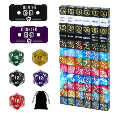 Imagem de SIXPOINTS 79PCS MTG Dice Counters Bulk Ability Keywords Counter -1/+1 Shield Life Buff Tokens Dice Set & Health Tracker Life Counter Compatible with Magic The Gathering, TCG, Card Games Accessories