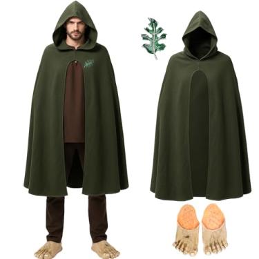 Imagem de Patelai Conjunto de 3 peças de acessórios de fantasia medieval, inclui capa renascentista com capuz verde bordo alfinete pés chinelos para baile de máscaras de Halloween festa à fantasia de