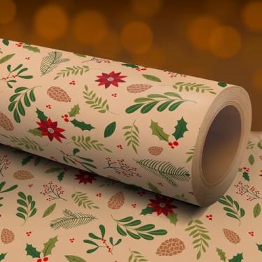 Imagem de Rolo de papel de embrulho de Natal - Papel de embrulho floral Kraft com folhas verdes e frutas vermelhas para o Natal, festa de celebração (raft, 10 m)
