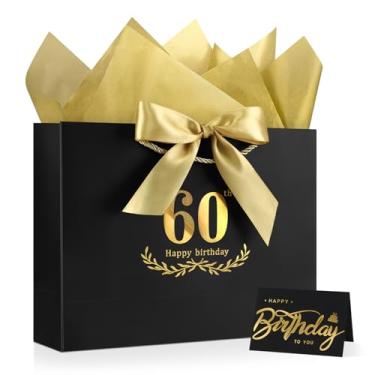 Imagem de JMANNI Bolsa de presente de aniversário de 60 anos de ouro preto com cartão e papel de seda, 32,6 x 24 cm × 9,84 cm × 9,9 cm Bolsa de presente elegante para homens e mulheres, artigos de festa de