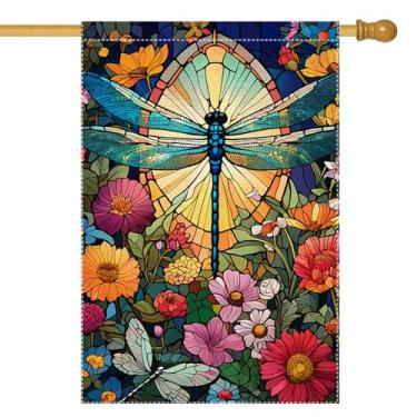 Imagem de Bandeira de jardim primavera verão estilo retrô de vidro floral pequena libélula bandeira vertical dupla face rústica quintal gramado decoração ao ar livre feriado sazonal 71 x 101 cm (RMQ-189, 28 x
