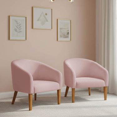 Imagem de Poltrona Sala Decorativa Kit 2 Stella Pé Madeira Trapézio Castanho Bouclê Rosê D03 - D'rossi