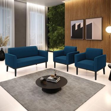 Imagem de Namoradeira E 2 Poltronas Base Madeira Preto Marisa Bouclê D03 - D'rossi Cor Azul