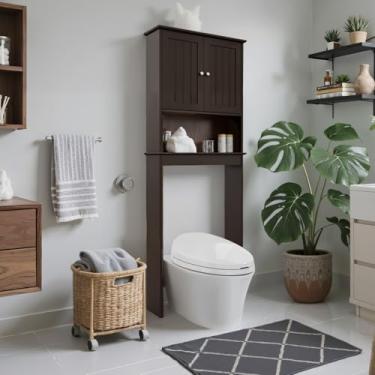 Imagem de GORZING Armário de armazenamento sobre o vaso sanitário, organizador de banheiro atrás do vaso sanitário com prateleiras ajustáveis, organizadores de vaso sanitário acima com porta de celeiro