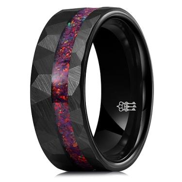 Imagem de THREE KEYS JEWELRY Anéis de tungstênio preto de 8 mm para homens, unissex, martelado, anel de noivado, galáxia opala incrustada em pedra, 8, Metal, Sem pedra preciosa