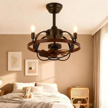 Imagem de Merexcint Ventilador de teto rústico com luz e controle remoto, ventilador de lustres rústicos sem lâminas de nogueira marrom de 50 cm, ventilador de lustre vintage para sala de estar, quarto