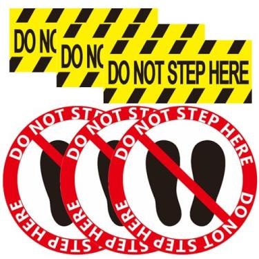Imagem de Pacote com 6 adesivos de vinil Do Not Step Here, 25,4 cm x 7,6 cm retangular e 25,4 cm redondos, adesivos caution no step para uso interno e externo, adesivos removíveis para piscina